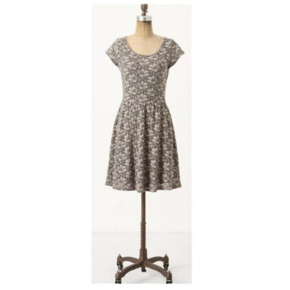 Deletta Anthro grey tan  floral eyelet Brushed Terra skater dress cap sleeve - Picture 16 of 16